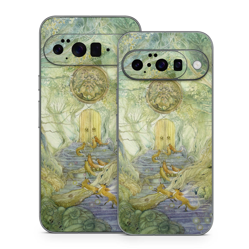 Google Pixel 10 Series Skin design of Painting, Art, Mythology, Visual arts, Watercolor paint, Organism, Fictional character, Modern art, Landscape, Acrylic paint, with green, brown, red, yellow, blue, purple colors