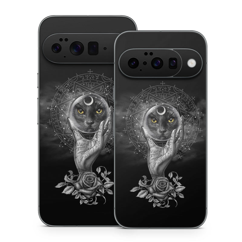 Google Pixel 10 Series Skin design of Head, Eye, Flash photography, Painting, Headgear, Art, Font, Snout, Darkness, Owl, with black, white, gray colors