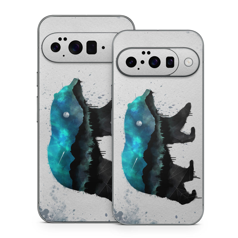 Google Pixel 10 Series Skin design of Bear, Illustration, Grizzly bear, Art, Watercolor paint, Snout, Carnivore, Graphic design, Space, Polar bear, with gray, black, white, green, blue colors