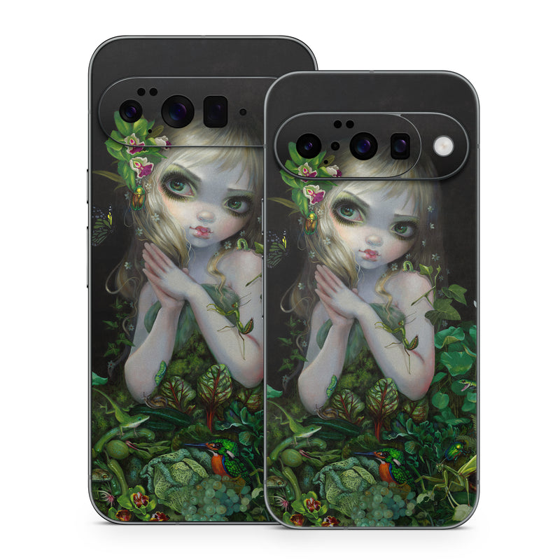 Google Pixel 10 Series Skin design of Green, Doll, Fictional character, Lip, Plant, Supervillain, Flower, Illustration, Ivy, Fawn, with black, white, green, red colors