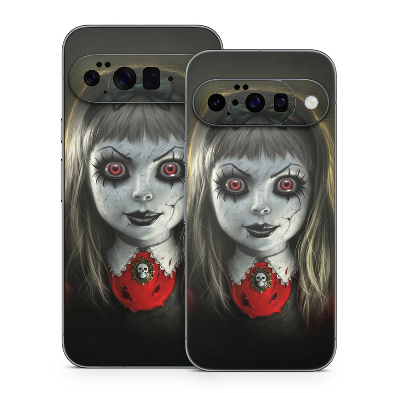 Google Pixel 10 Series Skin design of Fiction, Illustration, Fictional character, Ghost, Darkness, Vampire, Goth subculture, Zombie, Art, Skull, with white, red, black, yellow colors