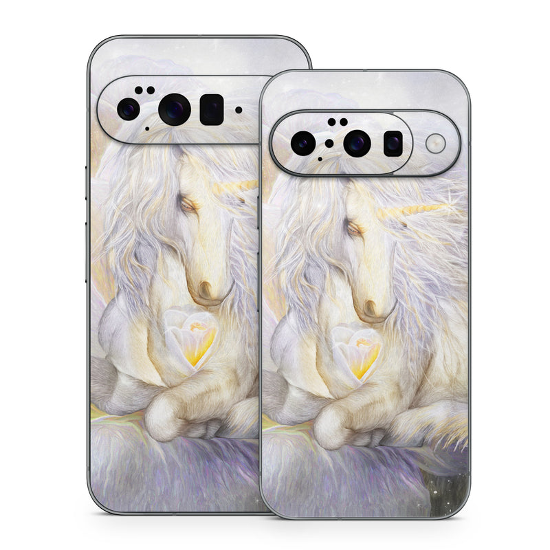 Google Pixel 10 Series Skin design of Fictional character, Mythical creature, Unicorn, Sky, Mythology, Supernatural creature, Illustration, with gray, black, green, pink, blue colors