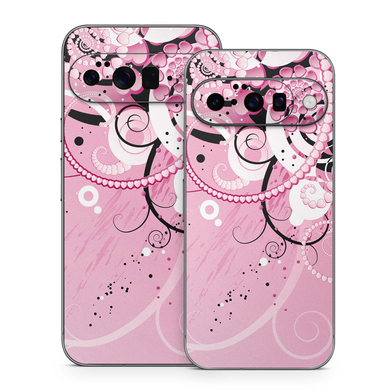 Google Pixel 10 Series Skin design of Pink, Floral design, Graphic design, Text, Design, Flower Arranging, Pattern, Illustration, Flower, Floristry, with pink, gray, black, white, purple, red colors