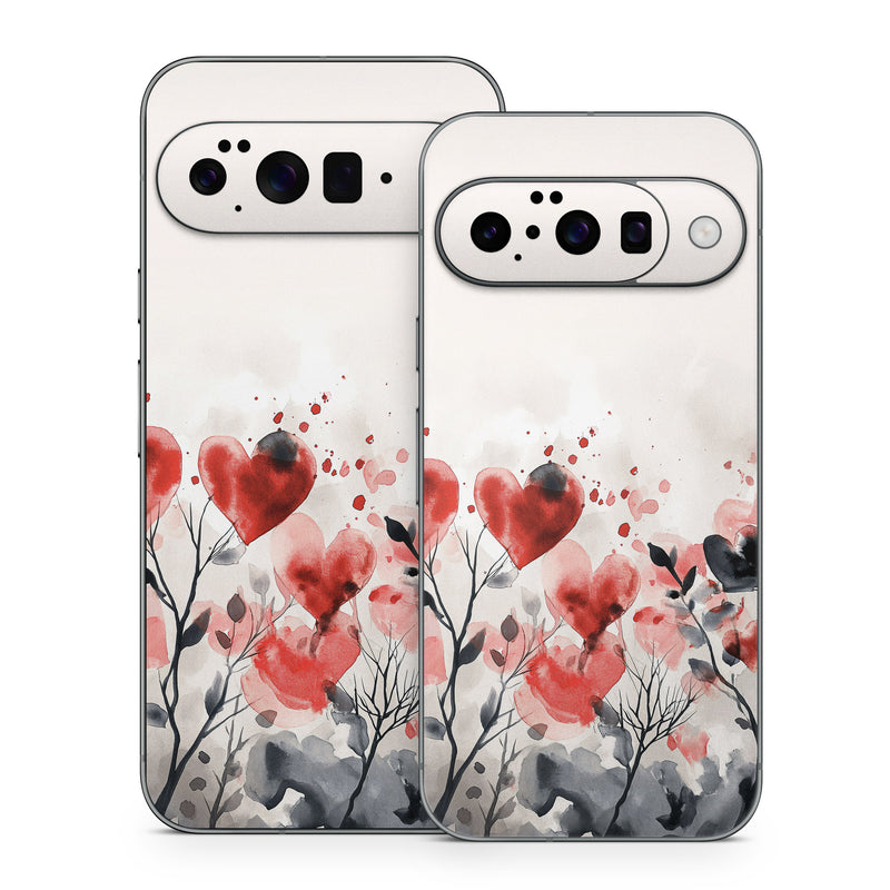 Google Pixel 10 Series Skin design of Flower, Plant, Petal, Sky, Natural landscape, Twig, Tree, Art, Painting, Flowering plant, with white, black, gray, red, pink colors