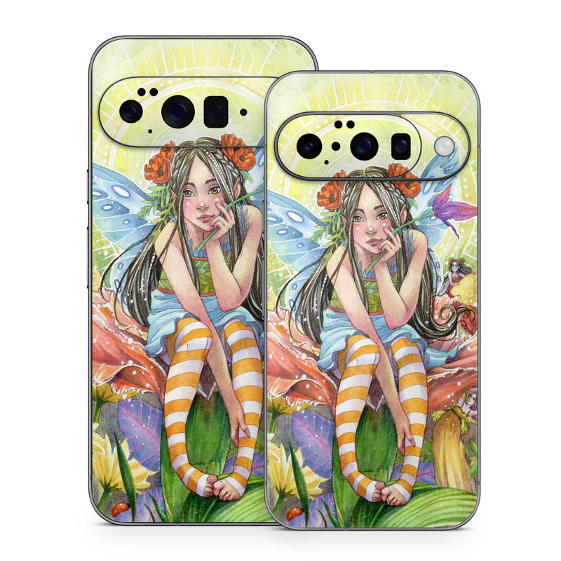 Google Pixel 10 Series Skin design of Fictional character, Illustration, Art, Plant, Painting, Wildflower, Mythical creature, with gray, green, black, yellow, red colors