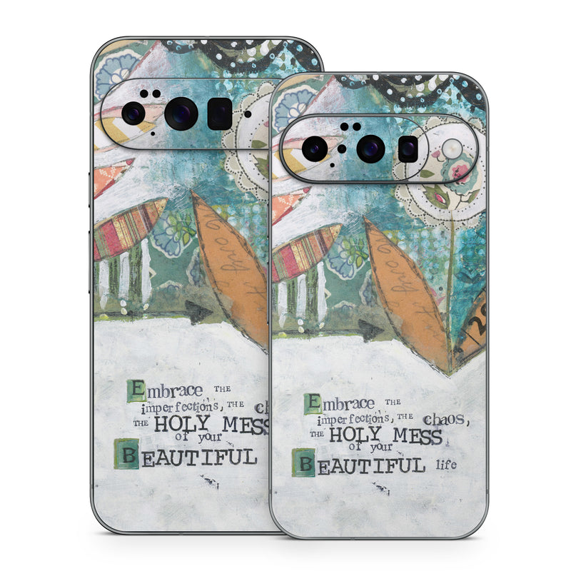 Google Pixel 10 Series Skin design of Leaf, Font, Plant, Illustration, Art, with blue, white, green, red, orange, yellow colors