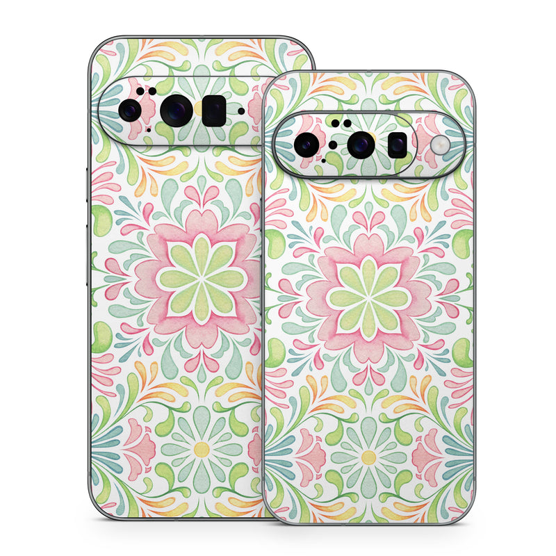 Google Pixel 10 Series Skin design of Pattern, Pink, Visual arts, Design, Textile, Wrapping paper, Symmetry, Floral design, Motif, with gray, white, pink, green colors