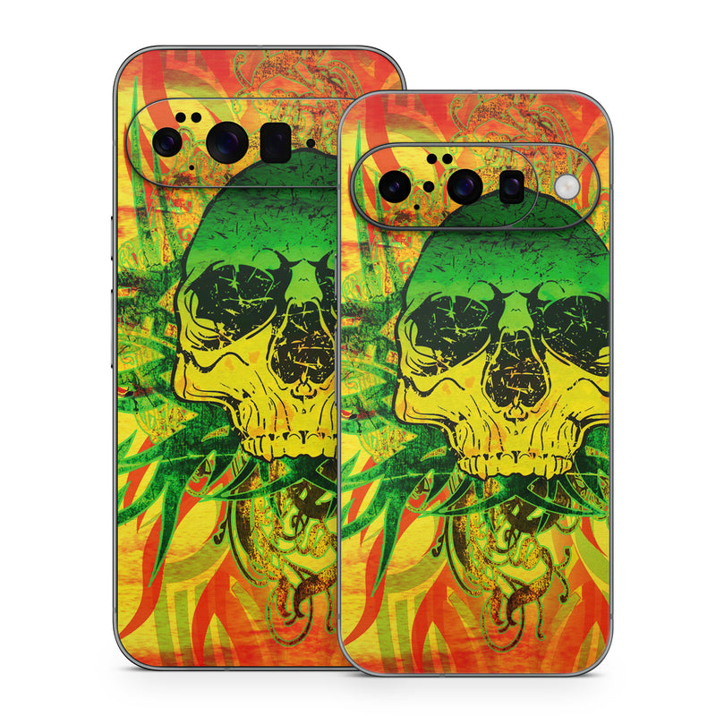 Google Pixel 10 Series Skin design of Psychedelic art, Skull, Illustration, Bone, Art, Graphic design, Visual arts, Poster, Plant, Painting, with green, orange, black, red colors