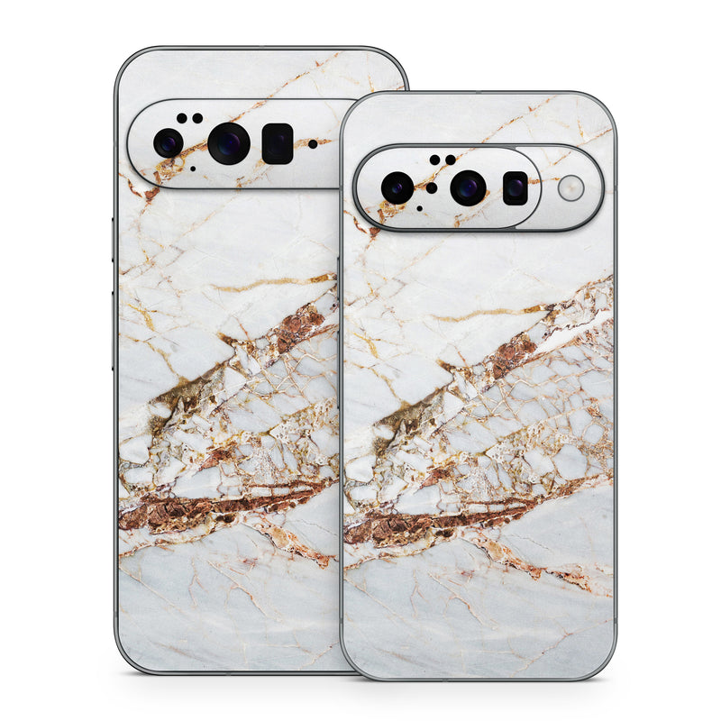 Google Pixel 10 Series Skin design of White, Branch, Twig, Beige, Marble, Plant, Tile, with white, gray, yellow colors