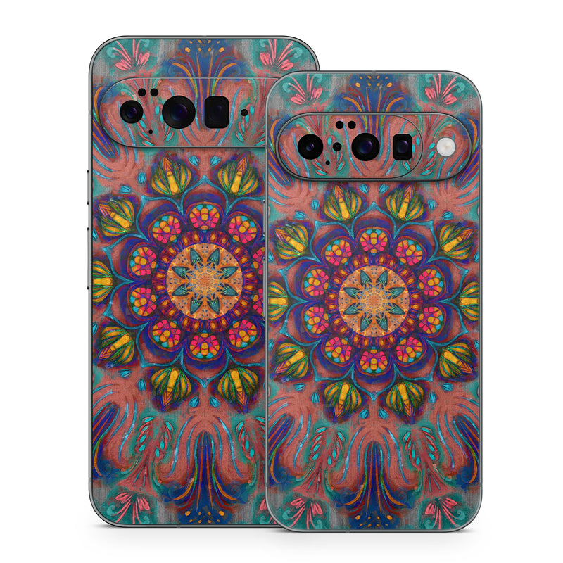 Google Pixel 10 Series Skin design of Psychedelic art, Pattern, Art, Textile, Symmetry, Visual arts, Design, Fractal art, Kaleidoscope, Tapestry, with blue, yellow, red, green, pink, green colors