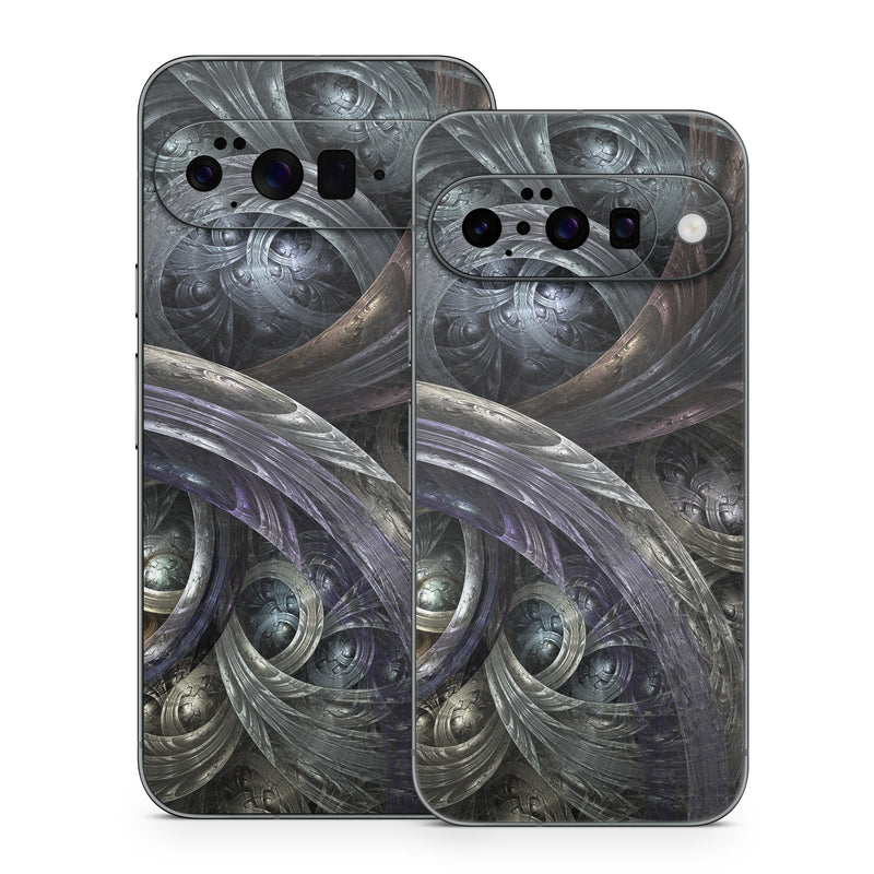 Google Pixel 10 Series Skin design of Fractal art, Graphic design, Art, Cg artwork, Darkness, Circle, Pattern, Illustration, Graphics, Metal, with black, gray, blue colors