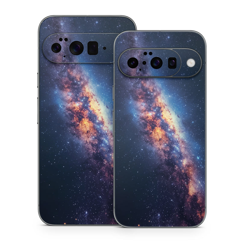 Google Pixel 10 Series Skin design of Atmosphere, Sky, Nature, World, Nebula, Galaxy, Astronomical object, Atmospheric phenomenon, Milky way, Star, with black, blue, white, yellow, orange, red, purple, gray colors