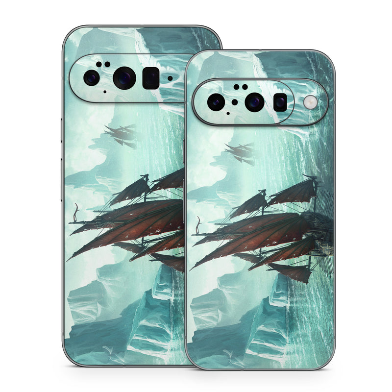 Google Pixel 10 Series Skin design of Cg artwork, Vehicle, Ghost ship, Manila galleon, Fluyt, Adventure game, First-rate, Sailing ship, Mythology, Strategy video game, with gray, black, blue, green, white colors