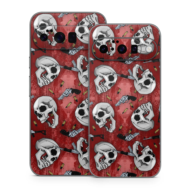 Google Pixel 10 Series Skin design of Skull, Red, Bone, Personal protective equipment, Skeleton, Mask, Font, Sports gear, Headgear, Pattern, with black, red, gray colors