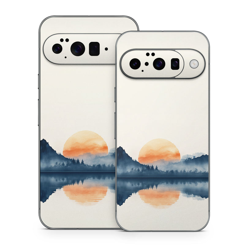 Google Pixel 10 Series Skin design of Water, Water resources, Sky, Mountain, Natural landscape, Lake, Atmospheric phenomenon, Landscape, Horizon, Afterglow, with black, blue, white, gray, yellow, orange, red colors