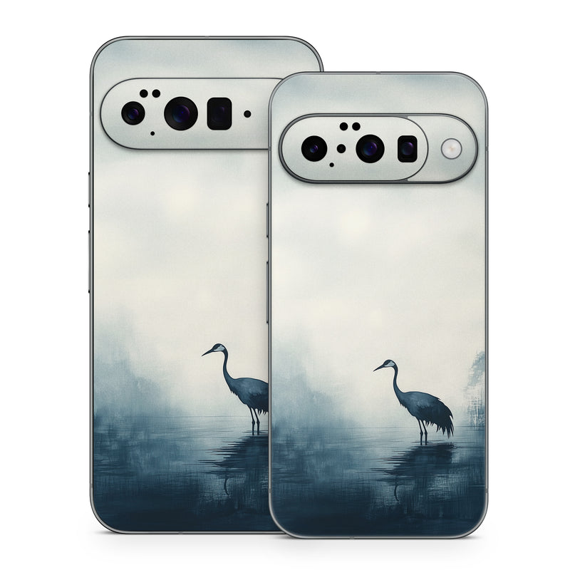 Google Pixel 10 Series Skin design of Bird, Water, Beak, Feather, Natural landscape, Pelecaniformes, Sky, Wing, Water bird, Heron, with black, blue, white, gray colors