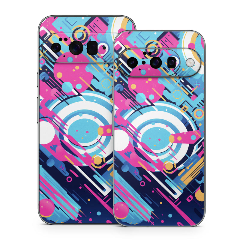 Google Pixel 10 Series Skin design of Colorfulness, Font, Line, Material property, Art, Magenta, Pattern, Electric blue, Circle, Graphics, with blue, pink, black, white, orange colors