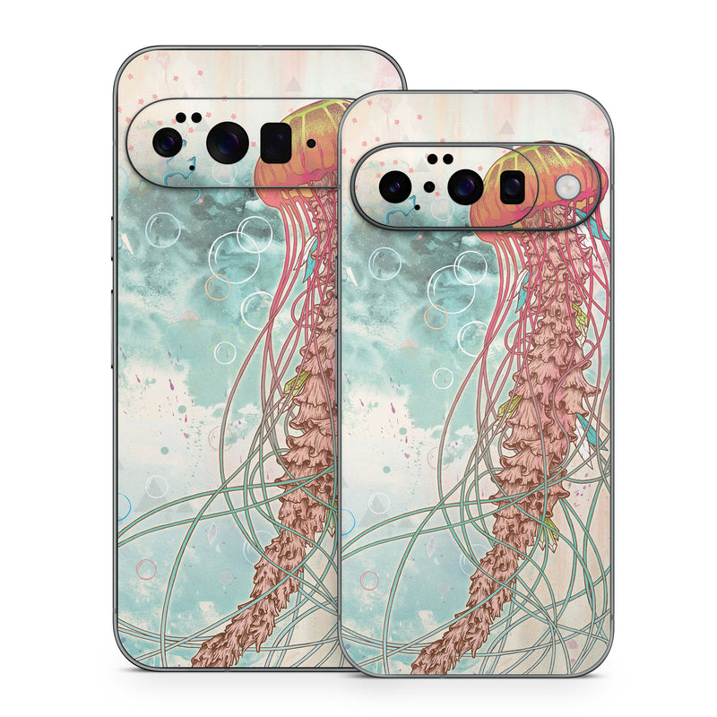 Google Pixel 10 Series Skin design of Jellyfish, Illustration, Water, Cnidaria, Marine invertebrates, Organism, Portuguese man o' war, Art, Nepenthes, Invertebrate, with gray, pink, yellow, red, green colors