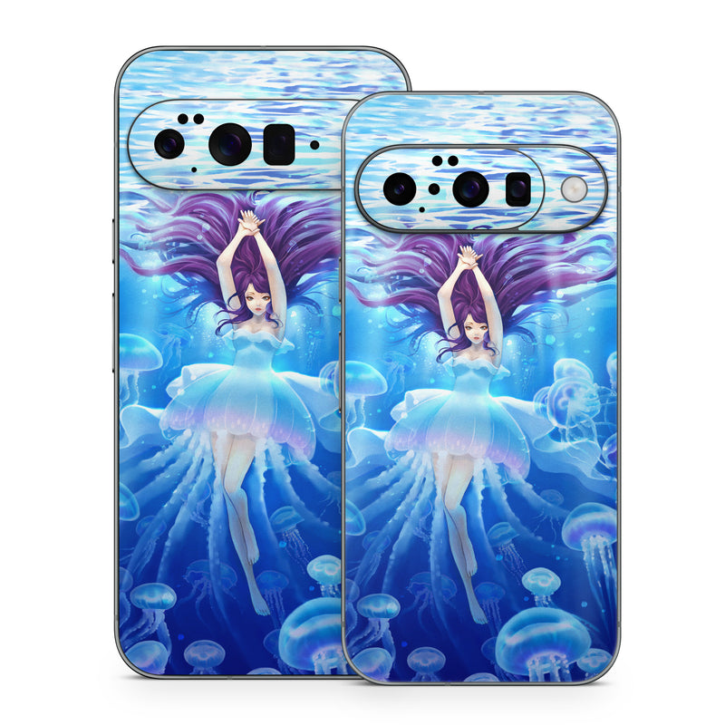 Google Pixel 10 Series Skin design of Jellyfish, Cnidaria, Organism, Marine biology, Marine invertebrates, Water, Bioluminescence, Illustration, Electric blue, Fictional character, with blue, purple, gray colors