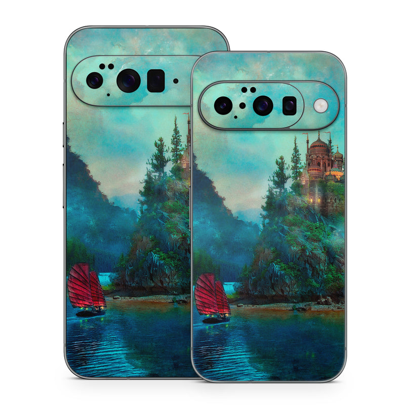 Google Pixel 10 Series Skin design of Nature, Natural landscape, Sky, Painting, Landscape, Illustration, Watercolor paint, Art, Calm, Water castle, with black, gray, blue, green colors