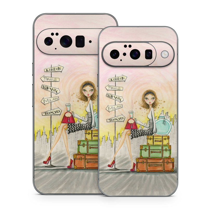 Google Pixel 10 Series Skin design of Cartoon, Illustration, Art, Watercolor paint, with gray, pink, green, red, black colors