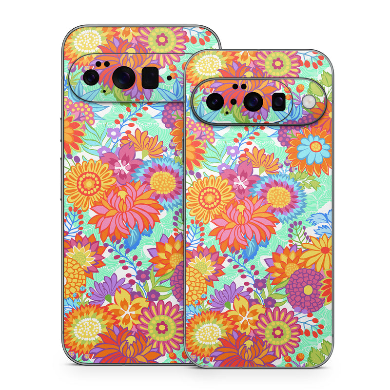 Google Pixel 10 Series Skin design of Pattern, Floral design, Orange, Flower, Design, Textile, Plant, Wildflower, Wrapping paper, Visual arts, with gray, orange, green, purple colors