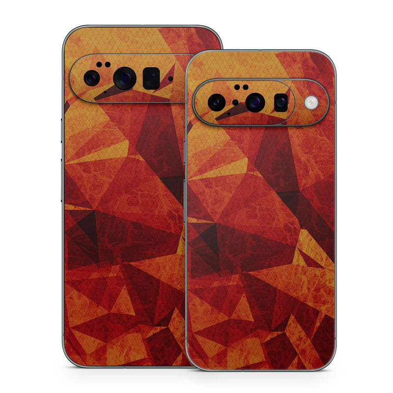 Google Pixel 10 Series Skin design of Orange, Red, Yellow, Triangle, Pattern, Amber, Design, Art, Visual arts, Modern art, with black, orange, yellow colors