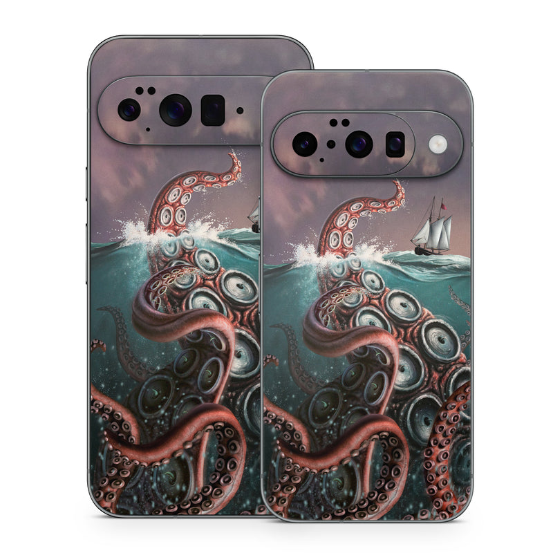 Google Pixel 10 Series Skin design of Octopus, Water, Illustration, Wind wave, Sky, Graphic design, Organism, Cephalopod, Cg artwork, giant pacific octopus, with blue, gray, white, brown, red colors