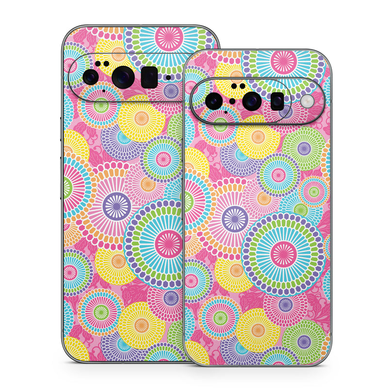 Google Pixel 10 Series Skin design of Pattern, Circle, Textile, Design, Visual arts, Wrapping paper, with gray, pink, purple, orange, blue, green colors