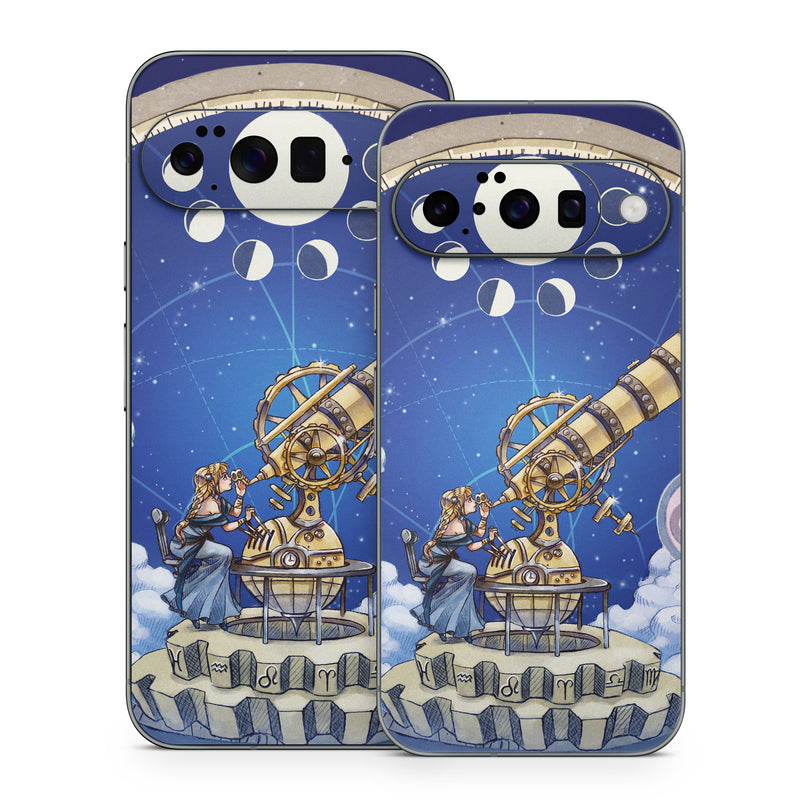 Google Pixel 10 Series Skin design of Circle, World, Space, Vehicle, Satellite, Illustration, with white, blue, yellow, pink, gray colors