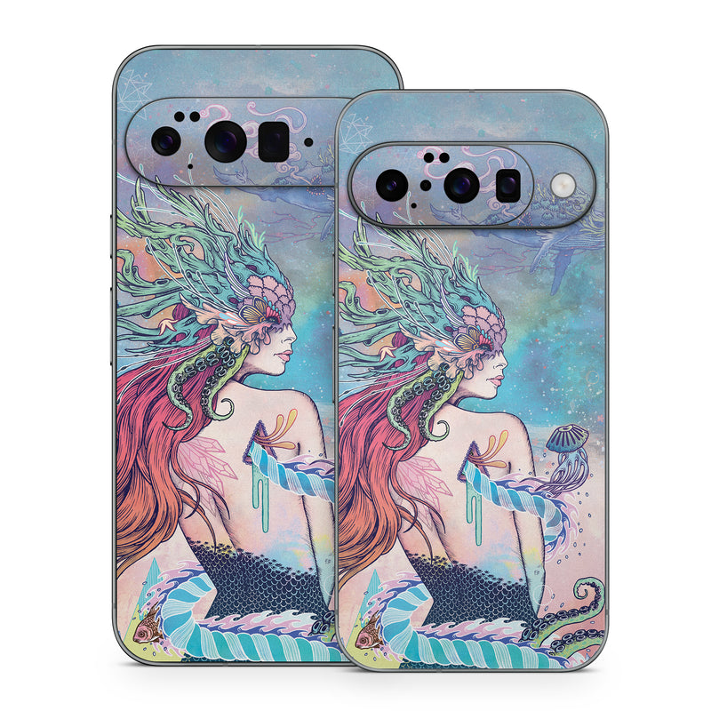 Google Pixel 10 Series Skin design of Illustration, Fictional character, Art, Cg artwork, Fiction, Mythology, Painting, Mermaid, with blue, purple, green, red, yellow, pink colors