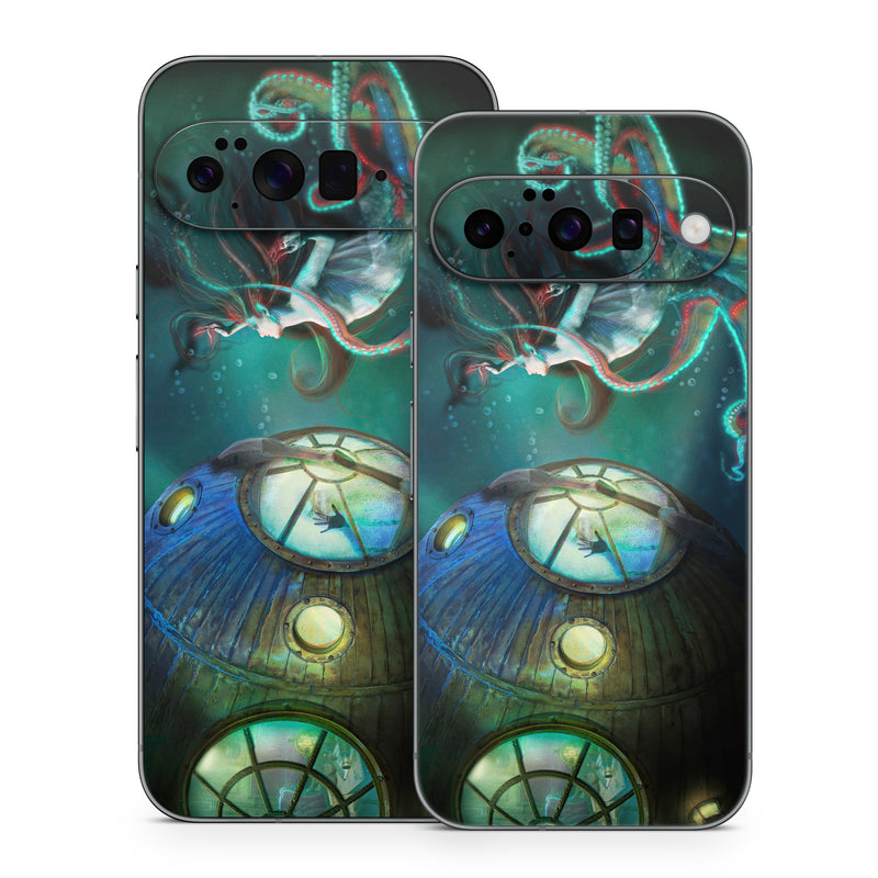 Google Pixel 10 Series Skin design of Cg artwork, Illustration, Art, Fictional character, Fiction, Space, Fractal art, Graphic design, Mythology, Graphics, with black, gray, blue, green colors