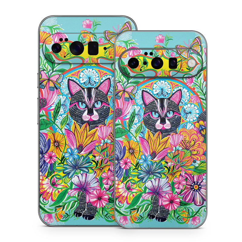 Google Pixel 10 Series Skin design of Visual arts, Art, Plant, Illustration, Pattern, Floral design, Flower, Wildflower, with white, blue, pink, black, green, yellow colors