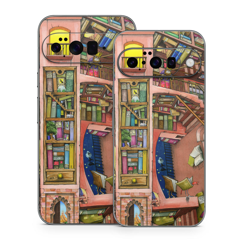 Google Pixel 10 Series Skin design of Cartoon, Building, Art, Architecture, Design, Fun, Retail, Illustration, Neighbourhood, Room, with pink, yellow, blue, red, orange, brown colors