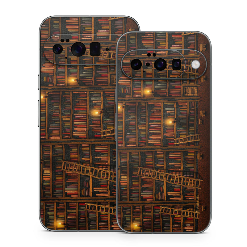 Google Pixel 10 Series Skin design of Shelving, Library, Bookcase, Shelf, Furniture, Book, Building, Publication, Room, Darkness, with black, red colors