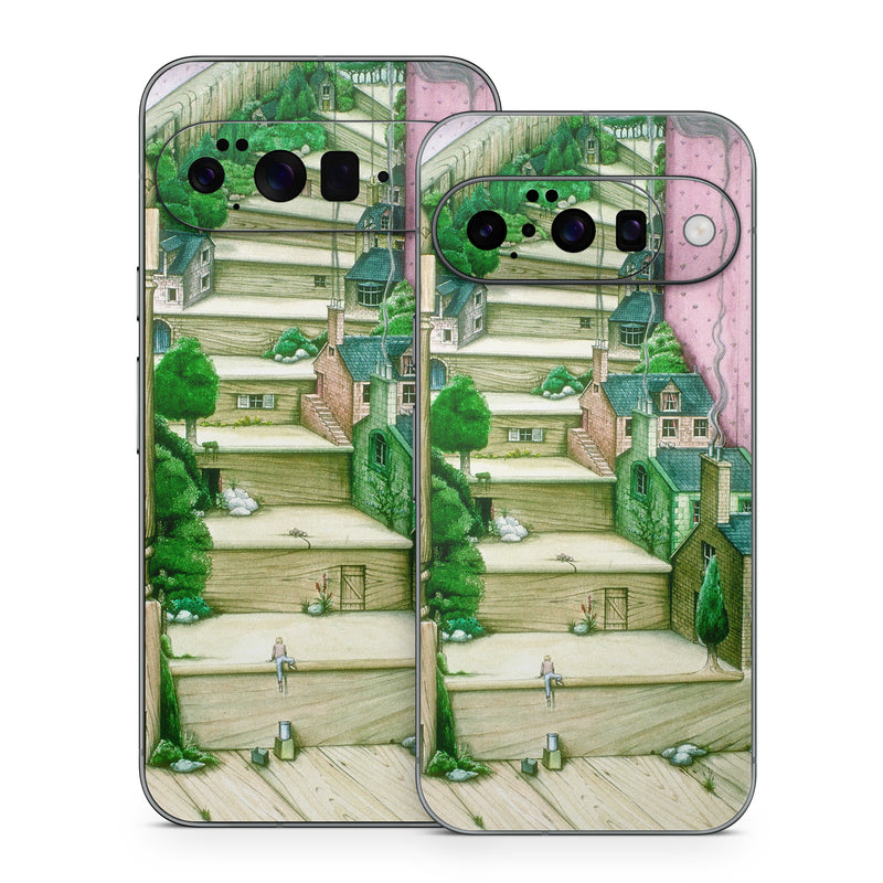 Google Pixel 10 Series Skin design of Green, Stairs, House, Watercolor paint, Home, Illustration, Building, Wood, Plant, Sketch, with pink, green, brown colors