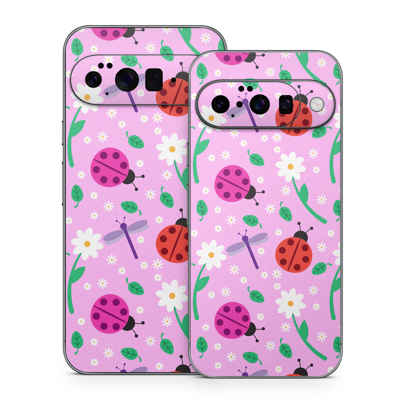 Google Pixel 10 Series Skin design of Pink, Pattern, Design, Magenta, Clip art, Plant, Visual arts, Ladybug, Child art, Illustration, with pink, white, purple, gray, red, blue colors