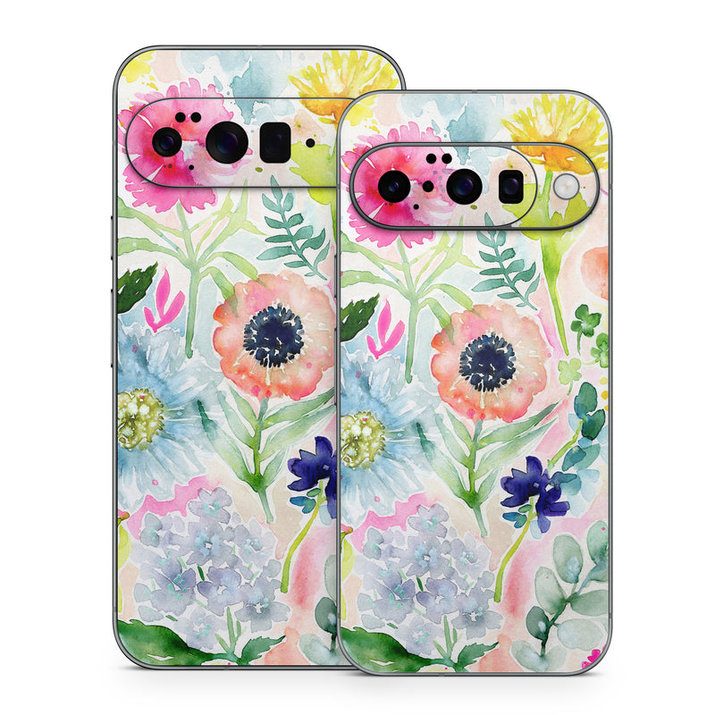 Google Pixel 10 Series Skin design of Flower, Watercolor paint, Plant, Flowering plant, Pattern, Floral design, Botany, Petal, Wildflower, Design, with green, pink, yellow, orange, blue, red, purple colors