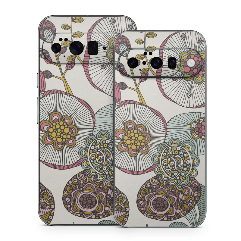 Google Pixel 10 Series Skin design of Pattern, Textile, Botany, Visual arts, Motif, Design, Needlework, Circle, Floral design, with gray, pink, green, blue, purple colors