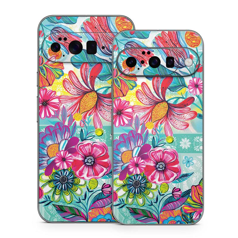 Google Pixel 10 Series Skin design of Pattern, Floral design, Textile, Pink, Design, Flower, Visual arts, Wildflower, Plant, with blue, pink, purple, red, green, yellow, orange colors