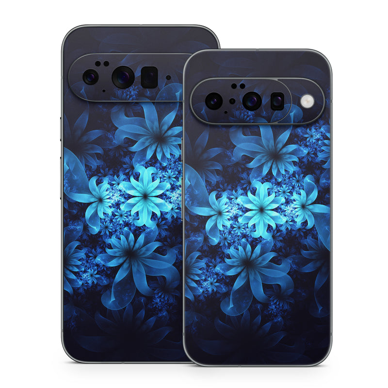 Google Pixel 10 Series Skin design of Nature, Blue, Petal, Organism, Darkness, Flower, Colorfulness, Electric Blue, Majorelle Blue, Pattern, Botany, Still Life Photography, Space, Aquatic Plant, Fractal Art, Visual Arts, Illustration, Symmetry, Midnight, Wildflower, Painting, Still Life, with black, blue, white colors