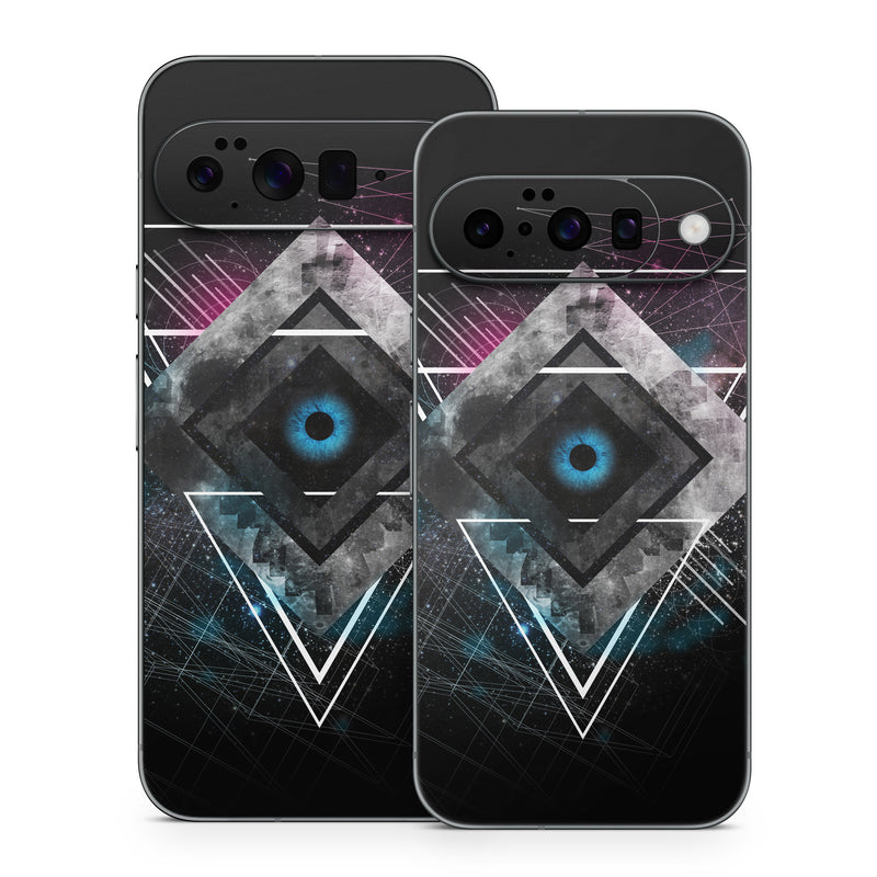Google Pixel 10 Series Skin design of Graphic design, Design, Pattern, Graphics, Illustration, Font, Circle, Triangle, Fractal art, Logo, with black, gray colors