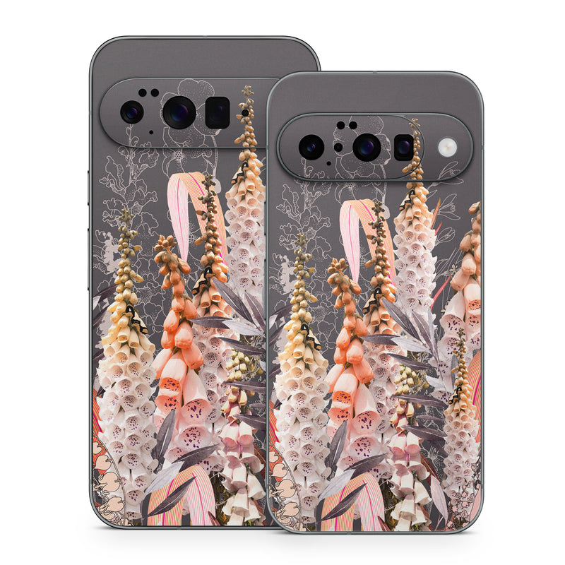 Google Pixel 10 Series Skin design of Flower, Plant, Foxtail lily, Botany, Plant stem, Illustration, Broomrape, with brown, pink, white, yellow, orange colors