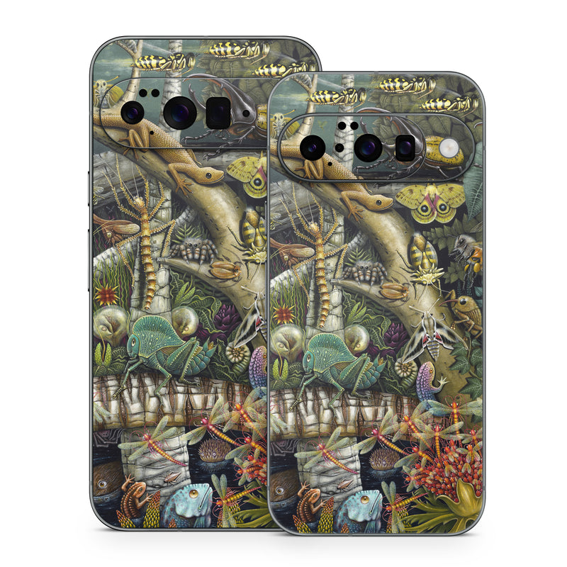 Google Pixel 10 Series Skin design of Strategy video game, Mythology, Art, Games, Plant, Painting, Adventure game, Jungle, Fictional character, Nepenthes, with green, brown, red, yellow, gray, blue, white colors