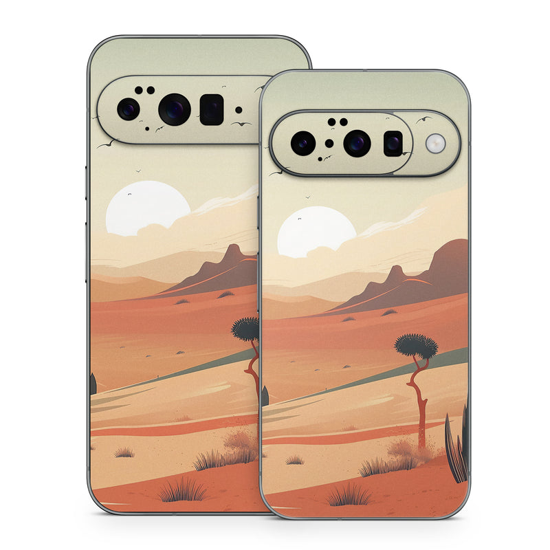Google Pixel 10 Series Skin design of Sky, Bird, Ecoregion, Light, Nature, Cloud, Natural environment, Moon, Natural landscape, Biome, with orange, yellow, brown, green, white, black colors
