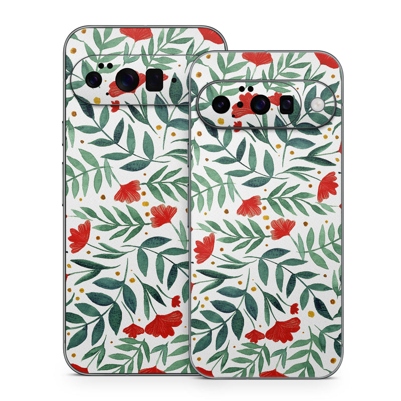 Google Pixel 10 Series Skin design of Flower, Plant, Textile, Line, Petal, Pattern, Flowering plant, Pedicel, Creative arts, Rectangle, with red, green, orange, white colors
