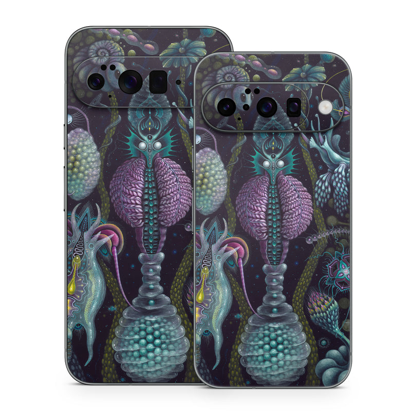 Google Pixel 10 Series Skin design of Organism, Pattern, Art, Illustration, Fractal art, Psychedelic art, Design, Visual arts, Plant, Modern art, with black, green, purple, pink, yellow, blue colors