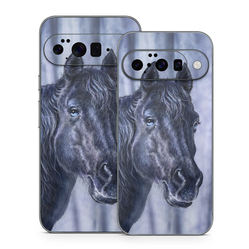 Google Pixel 10 Series Skin design of Horse, Mammal, Vertebrate, Hair, Mane, Stallion, Snout, Mare, Mustang horse, Livestock, with black, white, blue colors