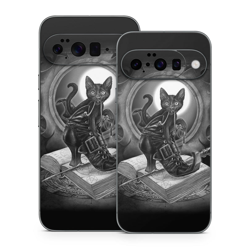 Google Pixel 10 Series Skin design of Cat, Boot, Book, Wand, Shoelace, Mirror, with black, white, gray colors