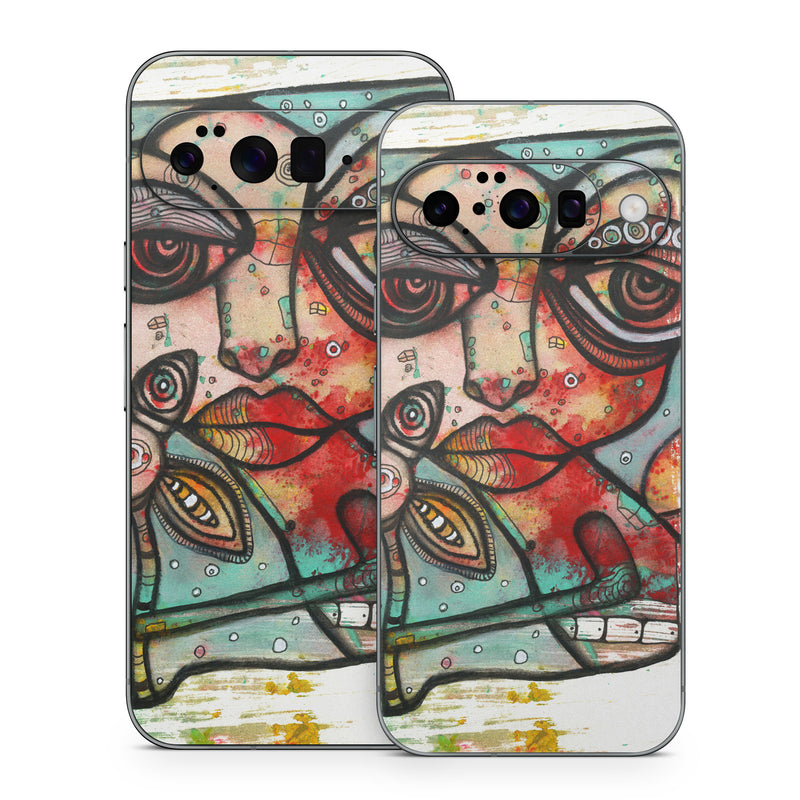Google Pixel 10 Series Skin design of Modern art, Art, Painting, Illustration, Visual arts, Psychedelic art, Acrylic paint, Watercolor paint, Graffiti, Drawing, with gray, black, red, green, blue, white colors
